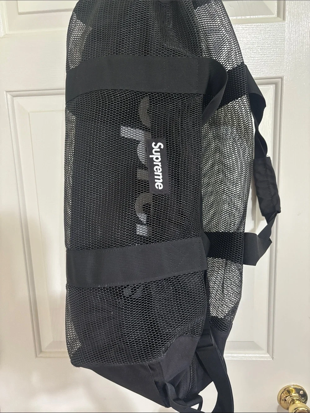 Supreme Black Duffel with White Vertical Logo